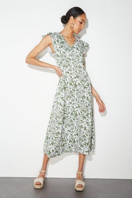 Petite Safari Ruffle Sleeve Button Midi Dress