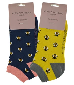 2 Pair Multipack Ladies Bamboo Trainer Socks | Miss Sparrow | Breathable Novelty Animal Patterns Socks - Honey Bees