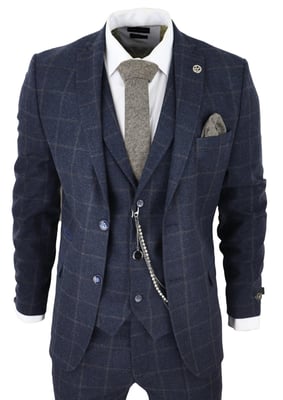 Heren 3-delige Wollen Pak Marineblauw Tweed Ruit Peaky Blinders 1920 Gatsby Formeel