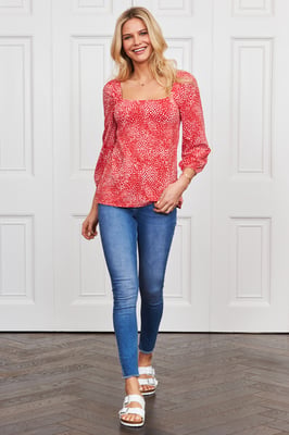 Red Confetti Spot Print Square Neck Jersey Top