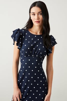 Navy Spot Print Ruffle Sleeve Empire Midi Dress
