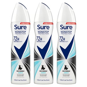 Sure Women Anti-Perspirant 72H Nonstop Protection Deo Invisible Aqua 150ml, 3pk
