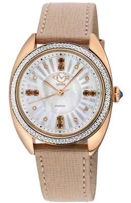 GV2 Women's Palermo Diamond Swiss Quartz MOP Blue Dial, Genuine Tan Handmade Leather Watch