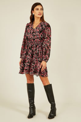 Black Blossom Print Ruched Waist Long Sleeve Skater Dress