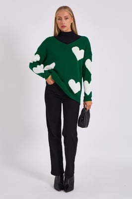 Grön V-ringad Oversized Heart Knit Jumper