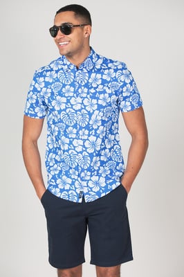 Blue 'Hamoa' Cotton Short Sleeve Button-Up Printed Shirt