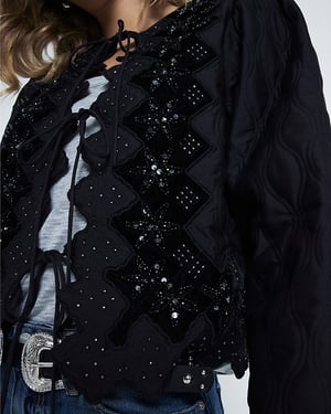 River Island Womens Quilted Jacket Black Broderie Tie Front