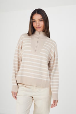 Stone 'Jottie' Striped 1/2 Zip Knitted Jumper