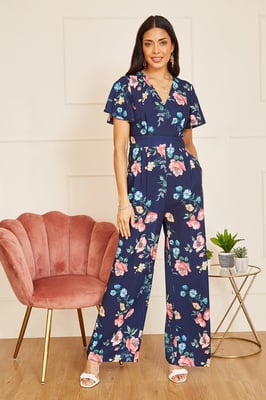 Navy Floral Angel Sleeve Jumpsuit