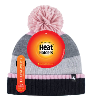 Heat Holders - Varm stickad fleece fodrad vinterhatt för damer med Pom Pom - Grå / Rosa