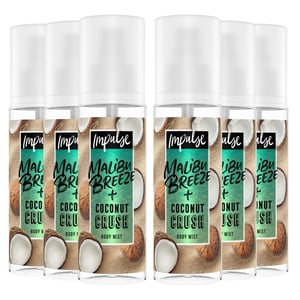 Impulse Body Fragrance Spray with Malibu Breeze and Coconut Crush 150ml, 6 Pack