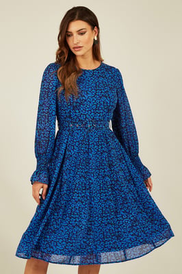 Blue Recycled Animal Print Long Sleeve Tunic Midi Dress