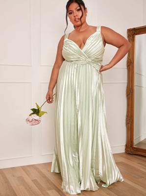 Plus Size Satin Pleated Wrap Maxi Dress in Mint