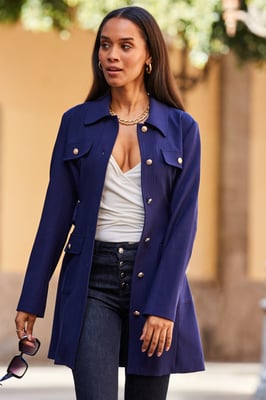 Navy Blue Belted Coat With Gold Button Detail