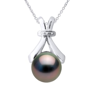 Halsketting Sieraad Diamant 0.01 Cts Wit Goud en Echte Gecultiveerde Tahiti Parel Rond 7-8 mm