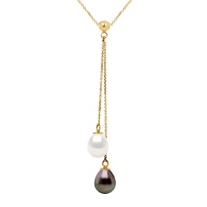 DIADEMA - Necklace - You & Me - 2 Real Freshwater Pearls and Tahitian Pealrs - Yellow Gold