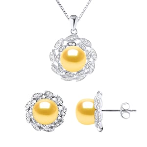 Adornment Necklace & Earrings FLOWER Sweet Water Beads Golden 9-10 mm 925