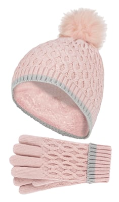 Heat Holders - Girls Thermal Insulated Pom Pom Bobble Beanie Hat and Gloves | Colourful Pastel Styles - Dusky Pink