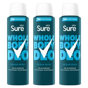 Sure Men Whole Body Deodorant Spray Ocean Rush w/ 72H Odour Control 150ml, 3pk