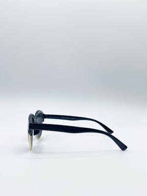 Black Round Sunglasses with Blue Revo Lenses and Gold Detail
