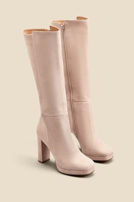 Taupe Nubuck Leather Block Heel Knee High Platform Boot