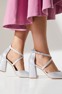 Wide Fit Treat Glittter Cross Strap Pointed Block Heel Court Shoes