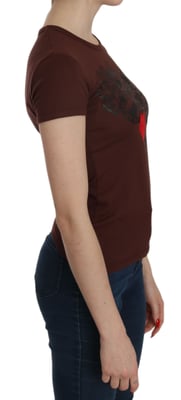 Exte Dam Brun Hjärtmönstrad Rundhalsad T-shirt Kort Ärmar Blus