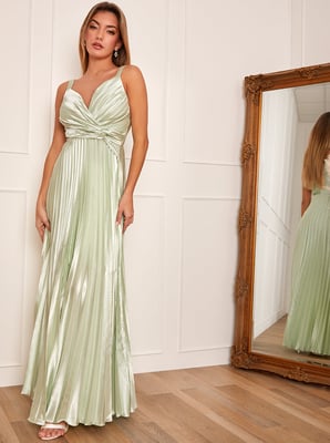 Satin Pleated Wrap Maxi Dress in Mint