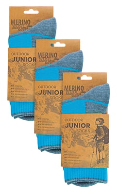 3 Pair Multipack Kids Merino Wool Hiking Socks | Lightweight Anti Blister Socks for Boys & Girls - Turquoise