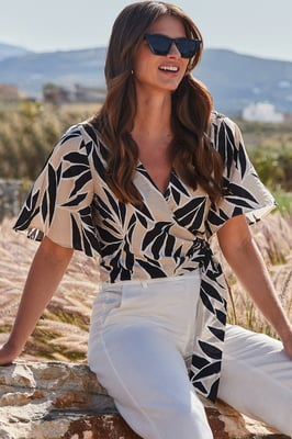 Ivory Floral Print Tie Side Wrap Top