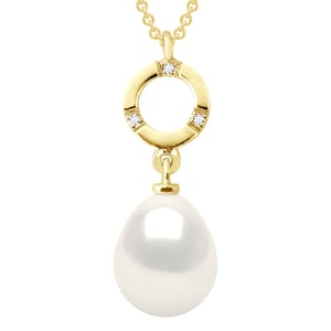 Halsketting Sieraad Diamant 0,01 Ct Geel Goud en Echte Gecultiveerde Zoetwater Parel Peer 9-10 mm