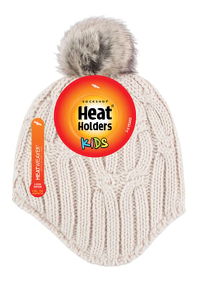 Heat Holders - Kabelstickad mössa för flickor med Pom Pom Bobble för vintern | Varm värmeisolerad mössa - Buttercream