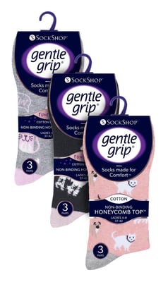 9 Pair Multipack Ladies Cotton Crew Non Elastic Socks | Gentle Grip | Womens Soft Top Striped Patterned Non Binding Socks - Cats & Dogs