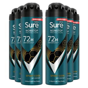 Sure Men Nonstop Protection 72H Anti-Perspirant Deodorant Sport Cool 150ml, 6pk