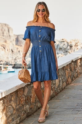 Dark Indigo Shirred Waist Bardot Denim Dress