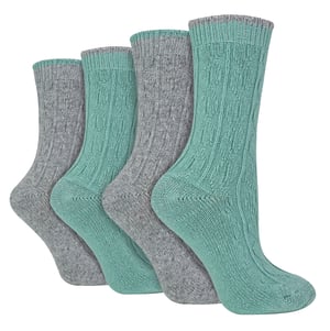 4 Pack Ladies Cable Knit Socks | Wildfeet | Lurex Glitter Socks for Women - Grey/Green