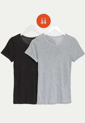 Womens 2 Pack Thermal Pointelle Short Sleeve Tops in Grey/Black