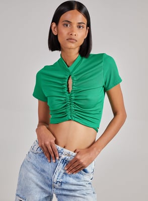 Short Sleeve Gathered Keyhole Ribbed Top