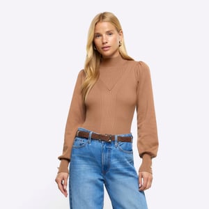 River Island Women Jumper Brown Rib Mix Roll Neck