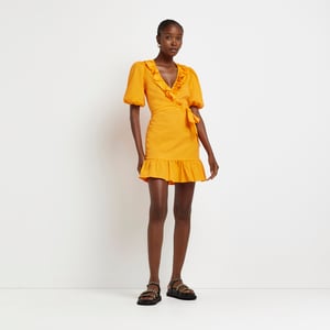 River Island Womens Wrap Mini Dress Orange Frill Short Sleeve