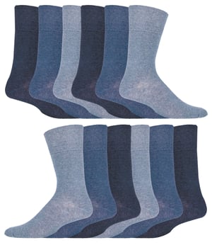 12 Pair Multipack Gentle Grip Top Diabetic Socks | IOMI | Mid Calf Loose Top Non Elastic Cotton Socks with Handlinked Seamless Toe - Blue