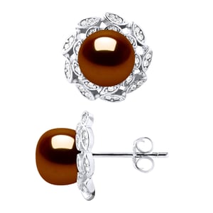 Stiftörhängen FLOWER Pärlor Sötvatten 8-9mm Chokladknappar Smycken 925