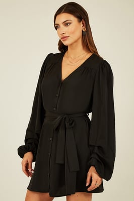 Black Balloon Sleeve Shirt Dress