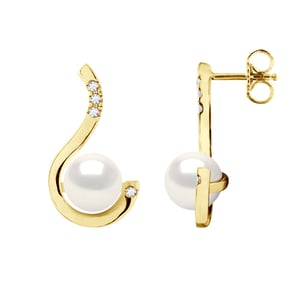 Oorbellen Prestige - Diamanten 0,08 Cts - Kwaliteit HSI - Wit Goud - Echte Gecultiveerde Zoetwaterparels Rond 7-8 mm