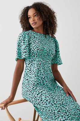 Green Animal Flutter Sleeve Shirred Waist Midi Dress