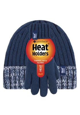 Heat Holders - Children Boys Winter Warm Fleece Lined Insulated Knit Turn Over Cuff Ribbed Hat and Gloves Set - NS1P9710