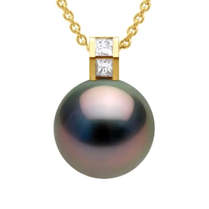 Pendant Jewelry Prestige Diamond 0.04 Cts - Size Princess - Real Cultured Tahiti Pearl Round 11-12 mm