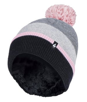 Heat Holders - Varm stickad fleece fodrad vinterhatt för damer med Pom Pom - Grå / Rosa