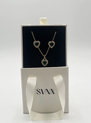 Green Diamante Heart Necklace and Earrings Set in Gold