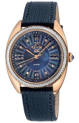 GV2 Women's Palermo Diamond Swiss Quartz MOP Black Dial, Genuine Black Handmade Leather Watch